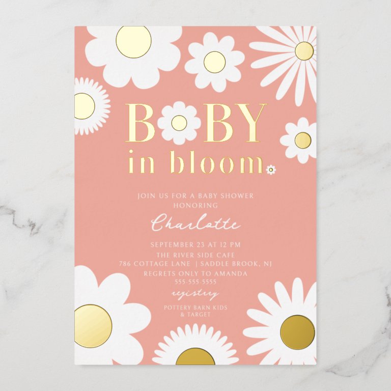 Modern Baby In Bloom Baby Shower Invitation Foil Invitation