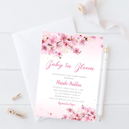 Modern Baby in Bloom Blush Pink Floral Girl Shower Invitation