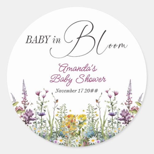 Modern Baby in Bloom Wildflower Floral Baby Shower Classic Round Sticker