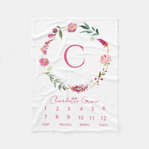 Modern Baby Milestone Watercolor Floral Pink Fleece Blanket