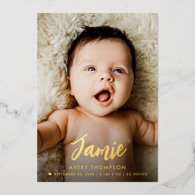 Modern Baby Name Brush script custom photo birth  Foil Holiday Card (Front)