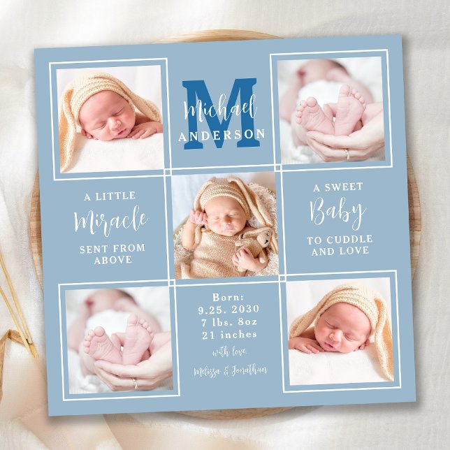 Modern Baby Personalized 5 Photo Blue Birth  Announcement (Creator Uploaded)