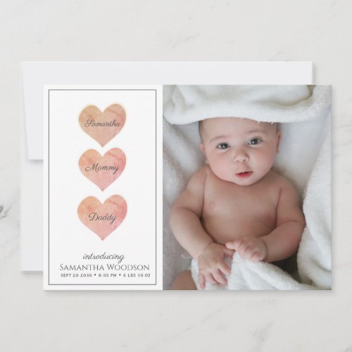  Modern Baby Photo Birth Pink Hearts Announcement