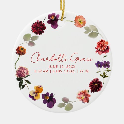 Modern Baby Photo Birth Stats Boho Rustic Floral Ceramic Ornament