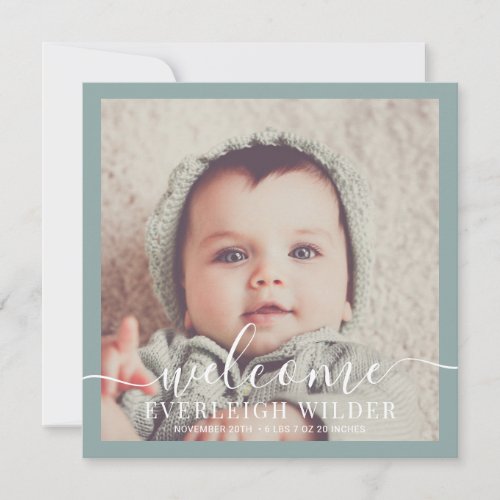 Modern Baby Photo Blue Green Birth Announcement