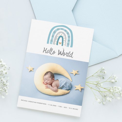 Modern Baby Photo Blue Rainbow Birth Announcement