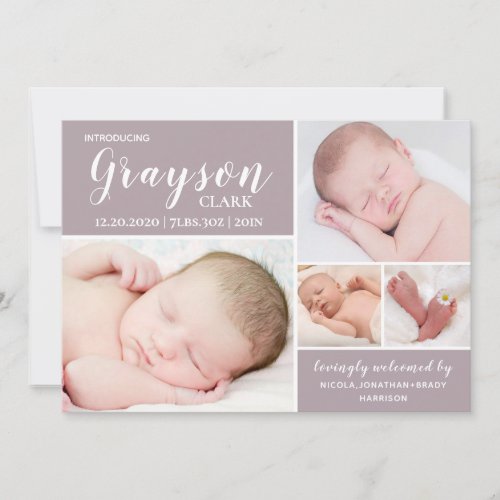 Modern Baby Photo Collage Dusty Purple Birth  Announcement