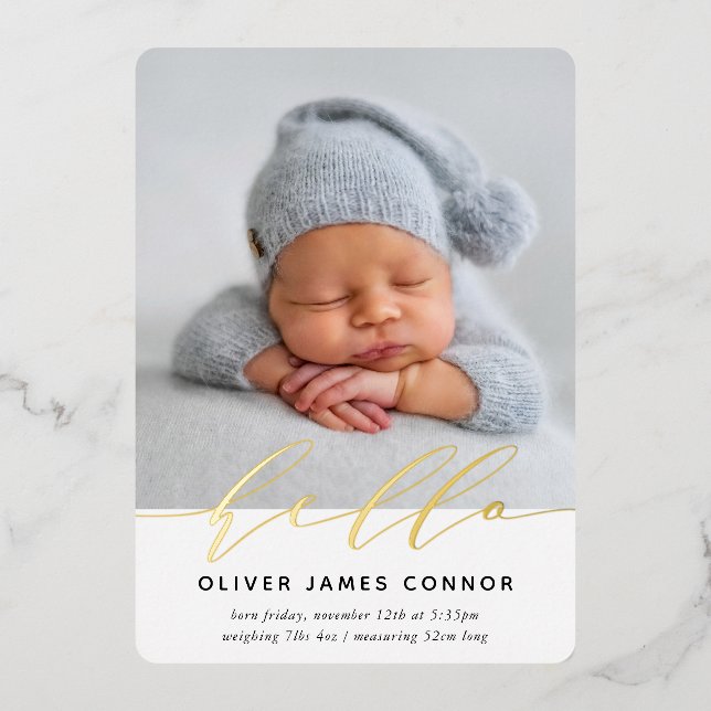 MODERN BABY PHOTO elegant hello calligraphy tall A Foil Invitation (Front)