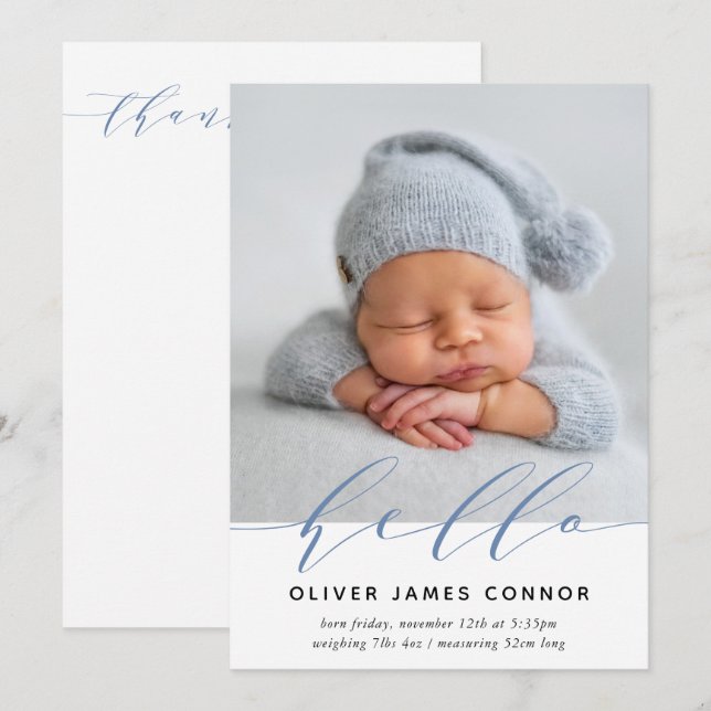 MODERN BABY PHOTO elegant hello calligraphy tall Announcement (Front/Back)