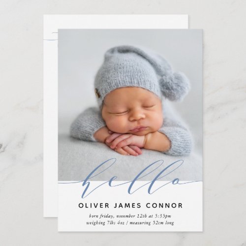 MODERN BABY PHOTO elegant hello calligraphy tall Announcement