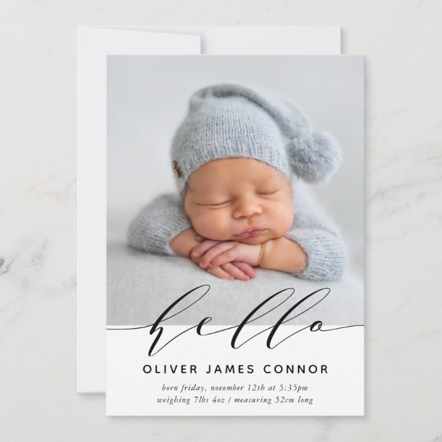 MODERN BABY PHOTO elegant hello calligraphy tall Announcement (Front)