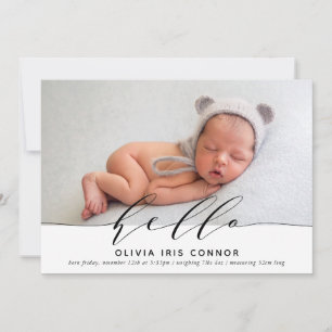 MODERN BABY PHOTO elegant minimalist hello script Announcement