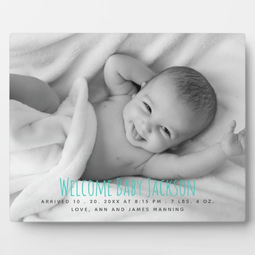 Modern Baby Photo Hand Lettered Name Birth Stats Plaque