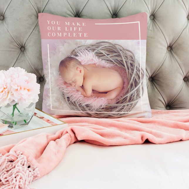 Modern Baby Photo | Pink & White | Quote  Throw Pillow (Creator Uploaded)