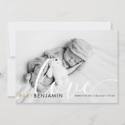 Modern Baby Photo Script Love Gold Hearts Birth Announcement