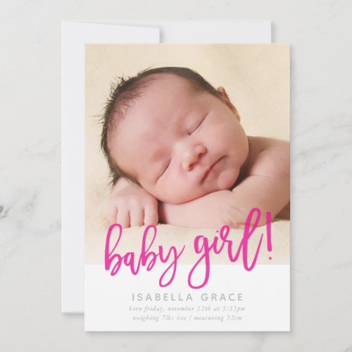 MODERN BABY PHOTO simple girl pink script writing Announcement