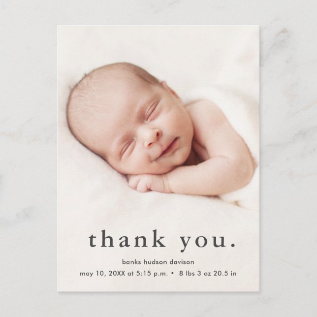 Modern Baby Photo Thank You Birth Announcement Postcard (Front)
