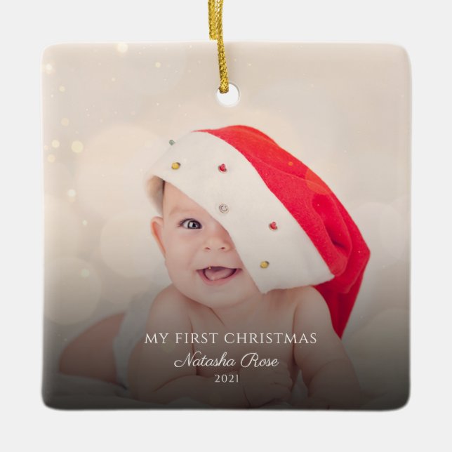 Modern Baby Photos 1st Christmas Ceramic Ornament (Front)