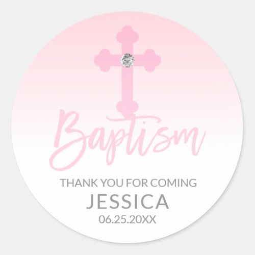 Modern Baby Pink Cross Baptism Girl Thank You Classic Round Sticker