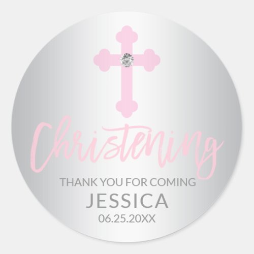 Modern Baby Pink Cross Christening Girl Thank You Classic Round Sticker
