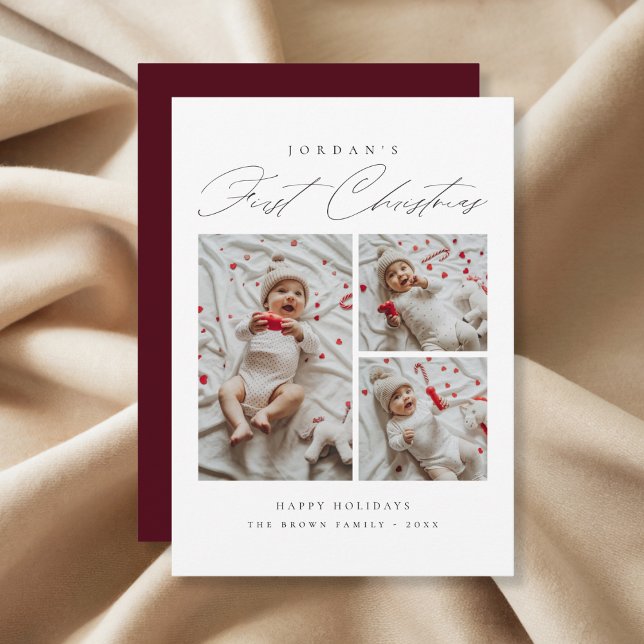 Modern Baby’s First Christmas Photo Burgundy Holiday Card (Creator Uploaded)