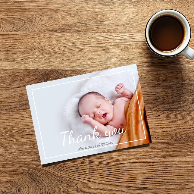 Modern, baby shower, baby boy, thank you card (Baby shower "thank you" photo card with baby name and birth date)