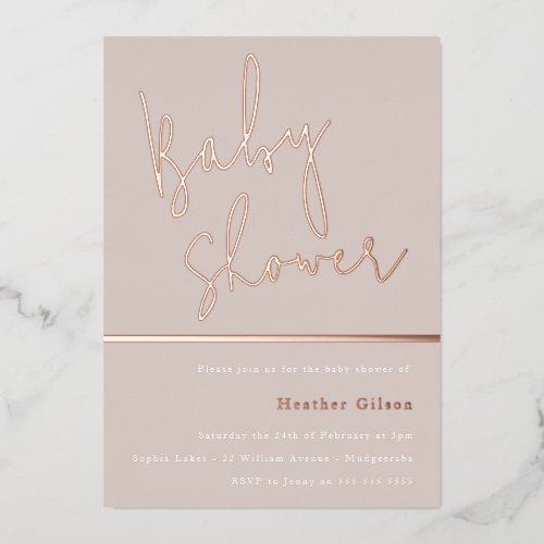 Modern Baby Shower Beige & Rose Gold Foil Invitation