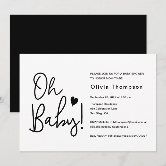 Modern Baby Shower black and white Custom Oh Baby  Invitation (Front/Back)