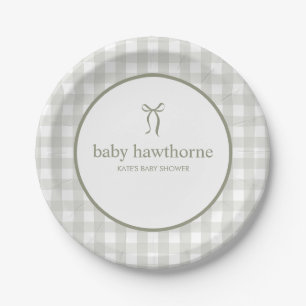 Modern Baby Shower Bow Sage Green Gingham Paper Plates