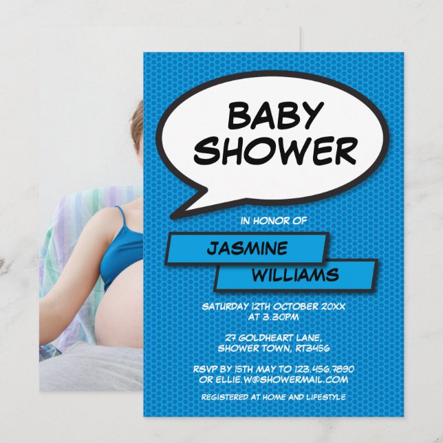 Modern Baby Shower Fun Photo Baby Blue Invitation (Front/Back)