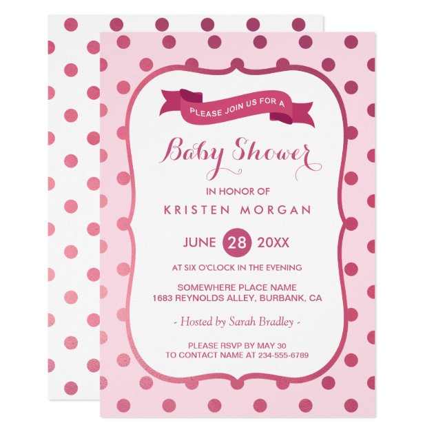 Modern Baby Shower Girly Magenta Pink Polka Dots Invitation