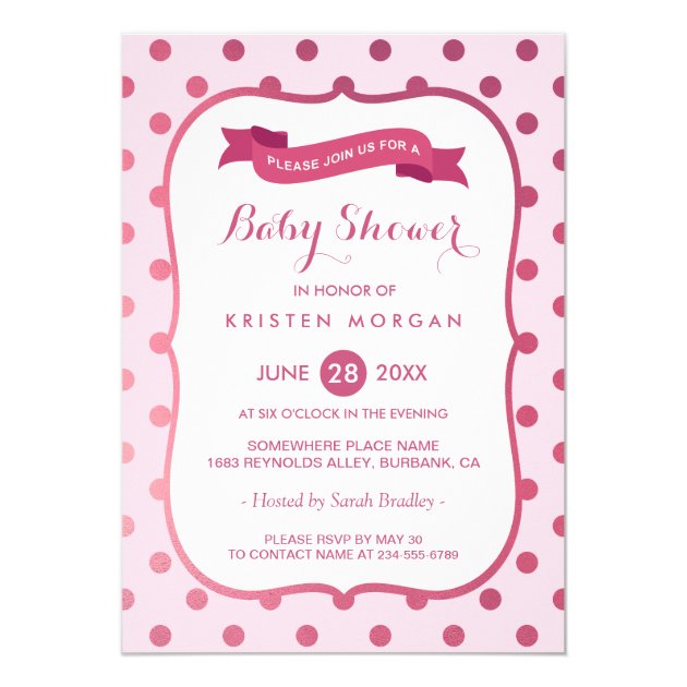Modern Baby Shower Girly Magenta Pink Polka Dots Invitation