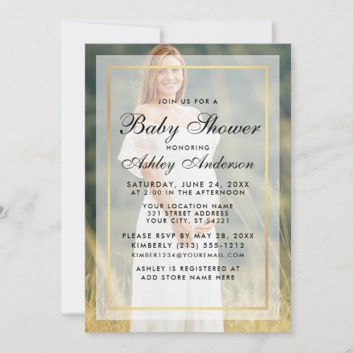 Modern Baby Shower Gold Frame Overlay Photo Invitation
