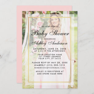 Modern Baby Shower Gold Pink Overlay Photo Invitation