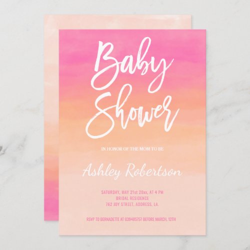 Modern baby shower pink coral watercolor ombre invitation