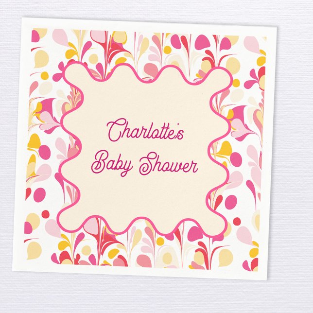 Modern Baby Shower Retro Abstract Pink Wavy Napkins (Modern retro groovy abstract pattern personalized baby shower party paper napkin)
