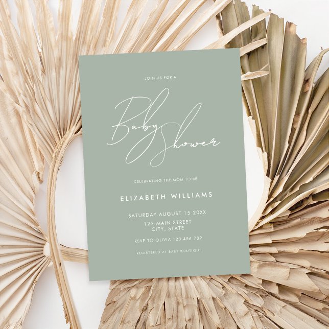 Modern Baby Shower Sage Green Minimalist Script  Invitation (Creator Uploaded)