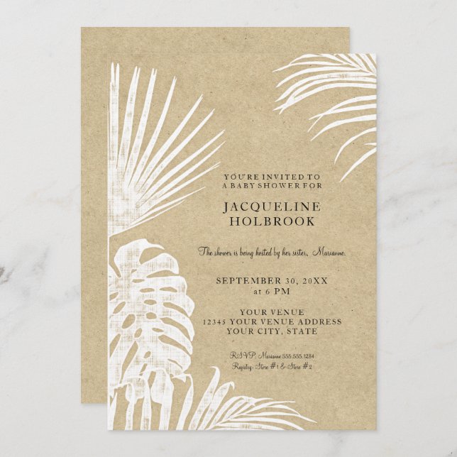 Modern Baby Shower Simple Kraft Tropical Leaves Invitation (Front/Back)