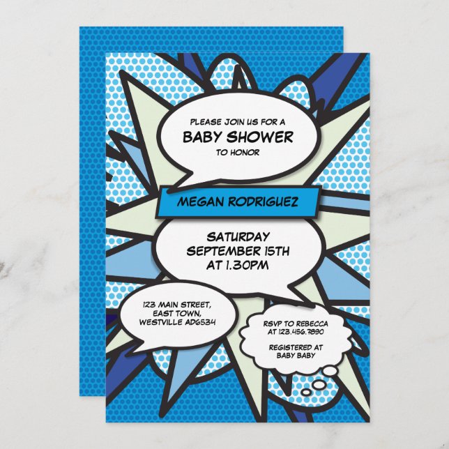 Modern Baby Shower Sprinkle Boy Blue Comic Book Invitation (Front/Back)