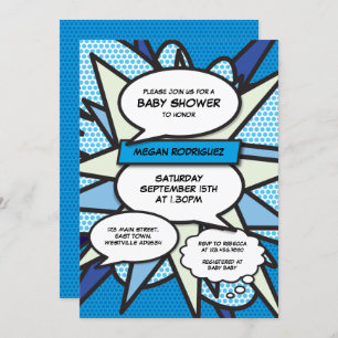 Modern Baby Shower Sprinkle Boy Blue Comic Book Invitation