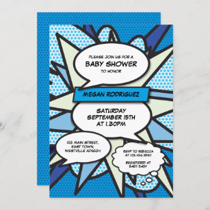Modern Baby Shower Sprinkle Boy Blue Comic Book Invitation