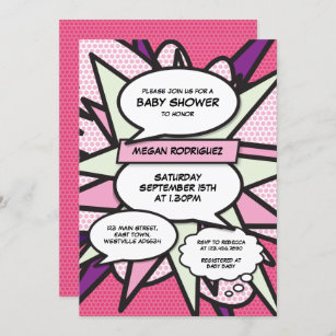 Modern Baby Shower Sprinkle Girl Pink Comic Book Invitation