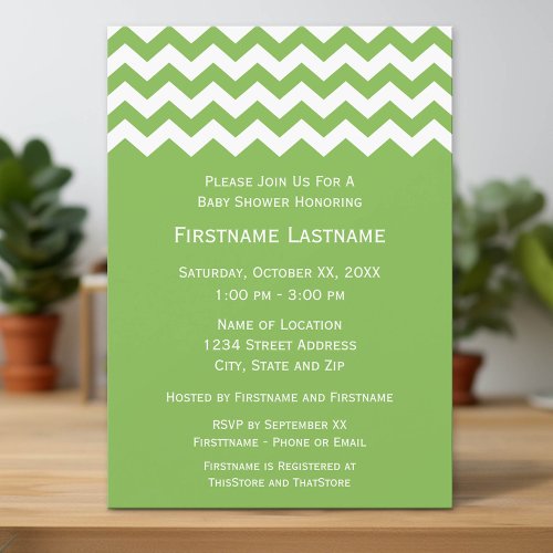 Modern Baby Shower with Green &amp; White Chevrons Invite