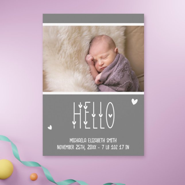 Modern Baby Typography Photo Birth Announcement (Hello photo baby announcement)