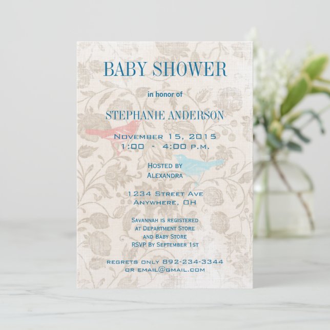 Modern Baby Vintage Birds Shower Aqua Blue Invitation (Standing Front)