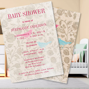 Modern Baby Vintage Birds Shower Aqua Pink Invitation