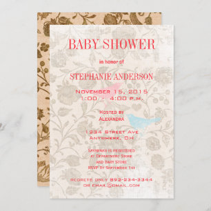 Modern Baby Vintage Birds Shower Pink Aqua Blue Invitation