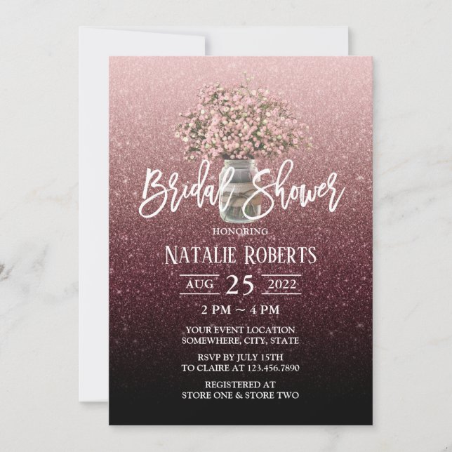 Modern Baby's Breath Jar Burgundy Bridal Shower Invitation (Front)