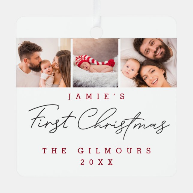 Modern Baby's First Christmas 3 Photos Custom  Metal Ornament (Front)