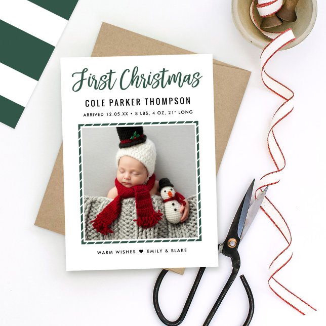 Modern Babys First Christmas Green Stripes Photo Holiday Card (Creator Uploaded)